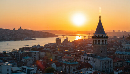 Naklejka premium Aerial sunset view of Istanbul featuring Galata Tower, river, and bridge. 