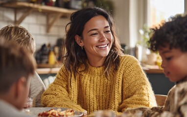 A woman in her late thirties, wearing a yellow sweater and jeans, is smiling while sitting at the dining table with children around, having dinner together.