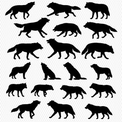 A collection of black wolf silhouettes in various dynamic poses like howling, running, walking, and sitting.