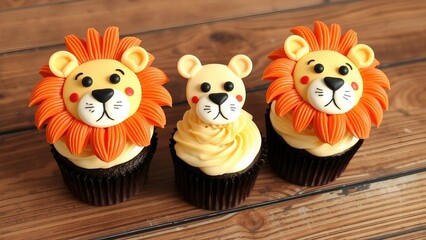 Drei liebevoll dekorierte Cupcakes mit Löwengesichtern aus Fondant auf Holz – perfekte Idee für Kindergeburtstag oder Safari-Party.