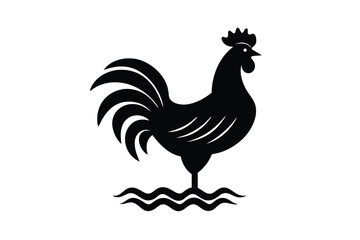 World animal day vector art of black silhouette of a rooster standing wavy lines isolated