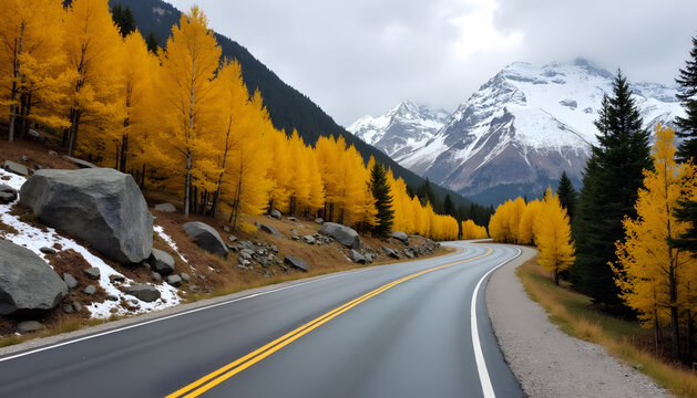 Scenic autumn drive through the mountains with bright yellow foliage and snow-capped peaks.