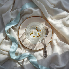 A Moment of Tranquility: A delicate teacup with chamomile flowers and a vintage spoon, surrounded by a soft blue ribbon on white fabric.