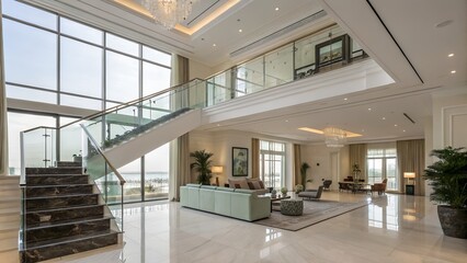 Luxury duplex apartment with glass stair railing, high ceilings, and a spacious modern layout
