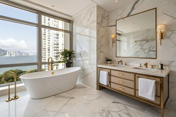 Luxury apartment bathroom with freestanding tub, wall-mounted vanity, and gold fixtures