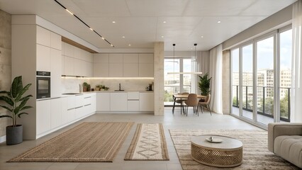 Neutral-toned apartment with open kitchen-living space, textured rugs, and clean architectural lines