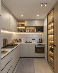 Small apartment kitchen with under-cabinet lighting, sleek countertop, and compact layout