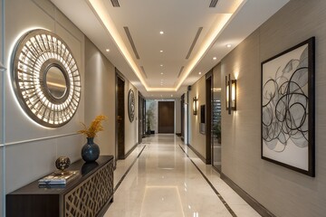 Sleek apartment hallway with LED wall lights, decorative mirrors, and modern artwork 
