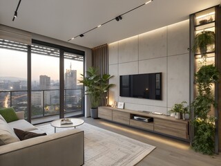 Urban apartment lounge area with floating media wall, smart lighting, and indoor plants
