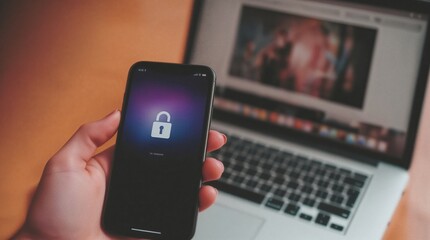 Hand holding smartphone with a digital padlock icon, emphasizing cybersecurity and data protection alongside a laptop.