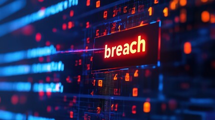 Illuminated breach warning sign against a backdrop of abstract digital data and code elements