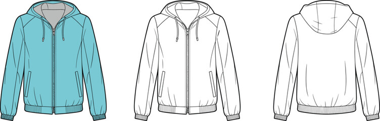 Vector flat sketch of hooded windbreaker jacket with zipper front, casual lightweight outerwear, ribbed cuffs and hem, front and back view apparel template design © Shammi's World