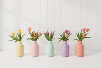 Fototapeta premium Five Pastel Vases with Mixed Tulips in a Row flowers pink
