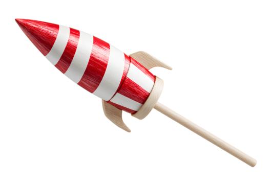  Red and white striped rocket on a wooden stick, isolated on a transparent background