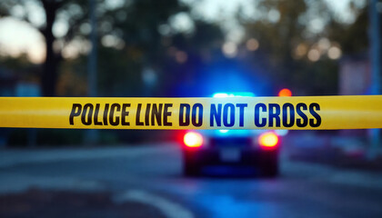 Police tape in focus with flashing patrol car blurred in background.