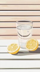 Glass of water with lemon beside sauna bench, minimal vector layout