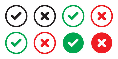 Set of tick mark in green and cross mark in red colour and stroke with white background, check and cross mark icon set. checkmark and x mark icon use for apps and website. checkmark, icon, vector. © ISHWARAN