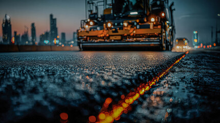 Road paving machine working on new asphalt at night with city lights in background. Construction equipment on dark road.