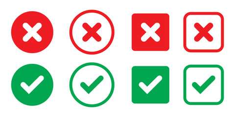 Check mark and cross mark icons set. right and wrong sign concept. tick mark symbol and x cross icon in circle shape