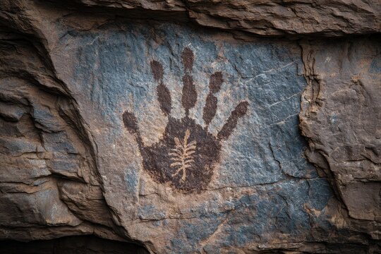 A dark brown handprint, possibly ancient, is stencilled onto a rough, textured rock face of muted browns and greys. A small, stylized plant is within the palm