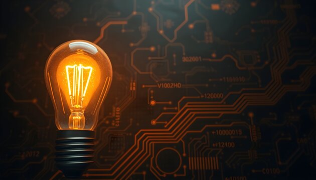 A glowing vintage-style light bulb shines brightly against a dark, intricate background of a circuit board.