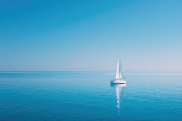 Obraz premium Sailboat gliding smoothly across tranquil blue waters, reflectin