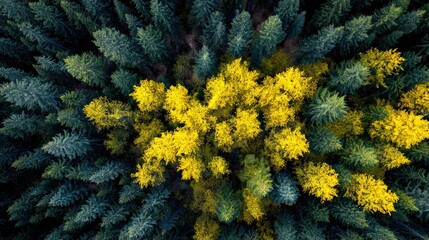 Overhead view of a forest with vibrant autumnal yellow trees