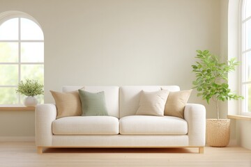 Cozy living room featuring stylish sofa with soft cushions and g