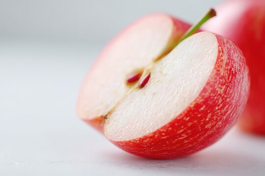 Juicy apple half showcases vibrant red skin and crisp white fles