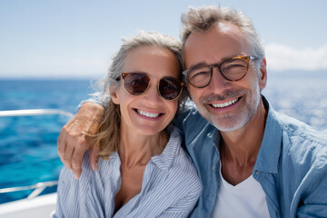 Happy mature couple smiling and enjoying a sunny day sailing on a boat in the blue sea