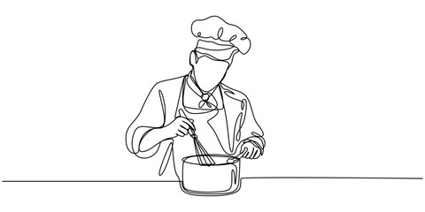 Continuous line drawing of chef preparing food, Chef preparing meal in one line drawing. Cooking and perfection concept, Chef preparing food at kitchen with plate continuous line drawing. Vector pro.