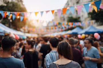 Crowded outdoor street festival with colorful bunting flags and people enjoying a lively community event
