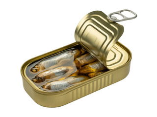 Open tin of sardines in oil isolated on transparent background