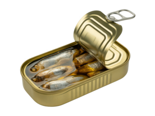 Open tin of sardines in oil isolated on transparent background