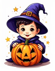 A cheerful child in a wizard hat holds a smiling pumpkin, surrounded by stars, capturing the spirit of Halloween in a playful, colorful illustration.