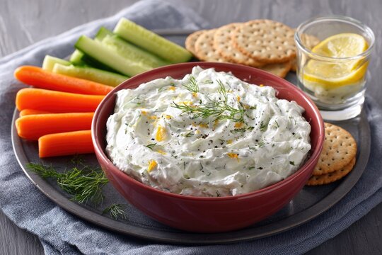 Creamy dip in a red bowl, garnished with fresh dill and citrus zest, served with vegetables and crackers - Powered by Adobe