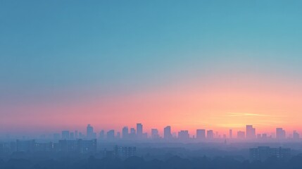 Fototapeta premium Soft hues blend in sky as city skyline emerges through gentle mi