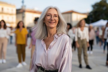 Fototapeta premium Confident mature caucasian woman in urban park gathering