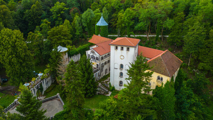 Aerial drone view of Bosiljevo Castle, a historic medieval fortress located in Karlovac County, Croatia, surrounded by dense green forest in summer © Viktor