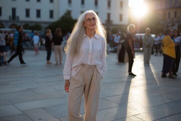 Fototapeta premium Mature caucasian female with long hair enjoying a sunny urban stroll