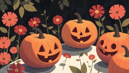Playful Halloween Pumpkins Surrounded by Colorful Flowers in a Whimsical Setting