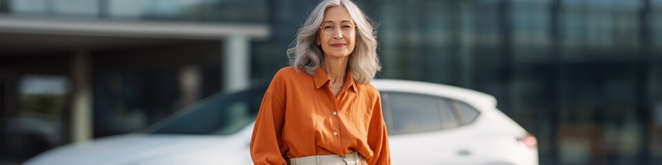 Fototapeta premium Confident caucasian mature woman in orange shirt standing outdoors