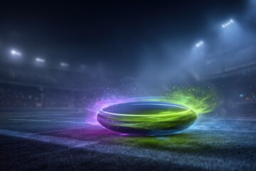 Rugby ball glowing in the dark on the field during a night match with stadium lights shining