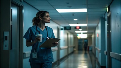 Fototapeta premium Nurse Holding Coffee and Clipboard in Hospital Corridor