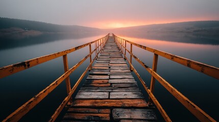 Naklejka premium Wooden pier extending into a tranquil lake at sunrise