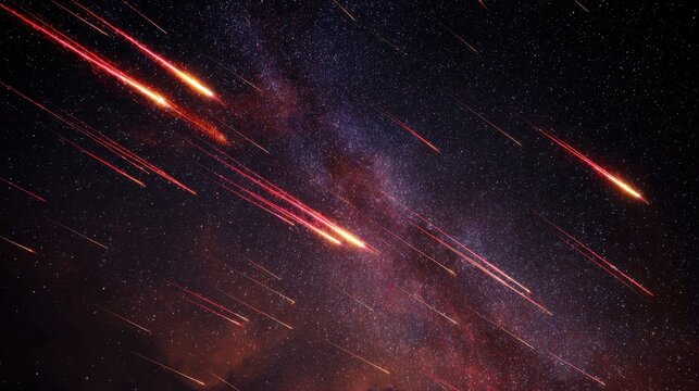 Double-exposure night sky with intersecting vibrant meteor trails, representing celestial events.