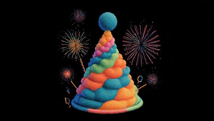 Colorful party hat with fireworks and confetti, rendered in a whimsical style