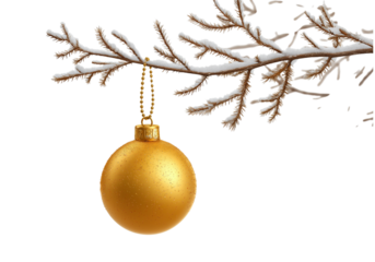 A gold Christmas ball hanging on a tree branch, isolated on a transparent background in PNG format.
