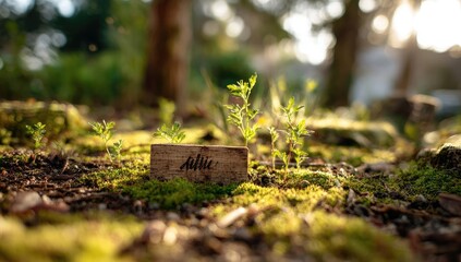 Obraz premium A small, light-brown wooden tag, inscribed with a name, sits amongst lush greenery and moss on the forest floor, bathed in warm sunlight