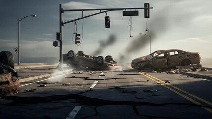 Destroyed city background with overturned cars and broken road - Powered by Adobe